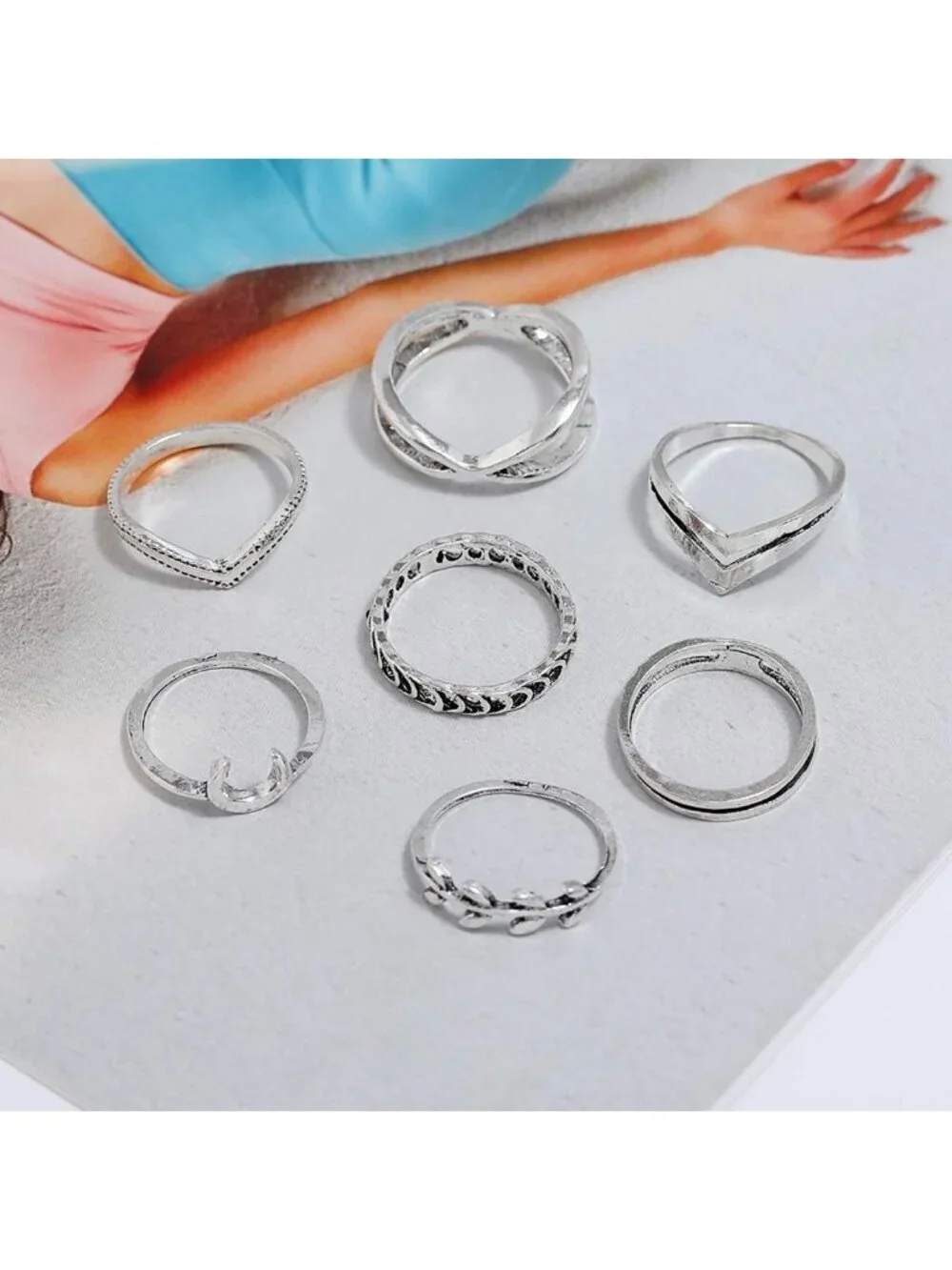 Women's Silver Plated Zinc Silver Star Moon Vintage Stack able Knuckle Ring Set